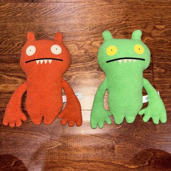 2x Little Uglys Uglydoll Abima Red & Green 2004 Stuffed Plush Toy Monster 8” - Picture 1 of 4